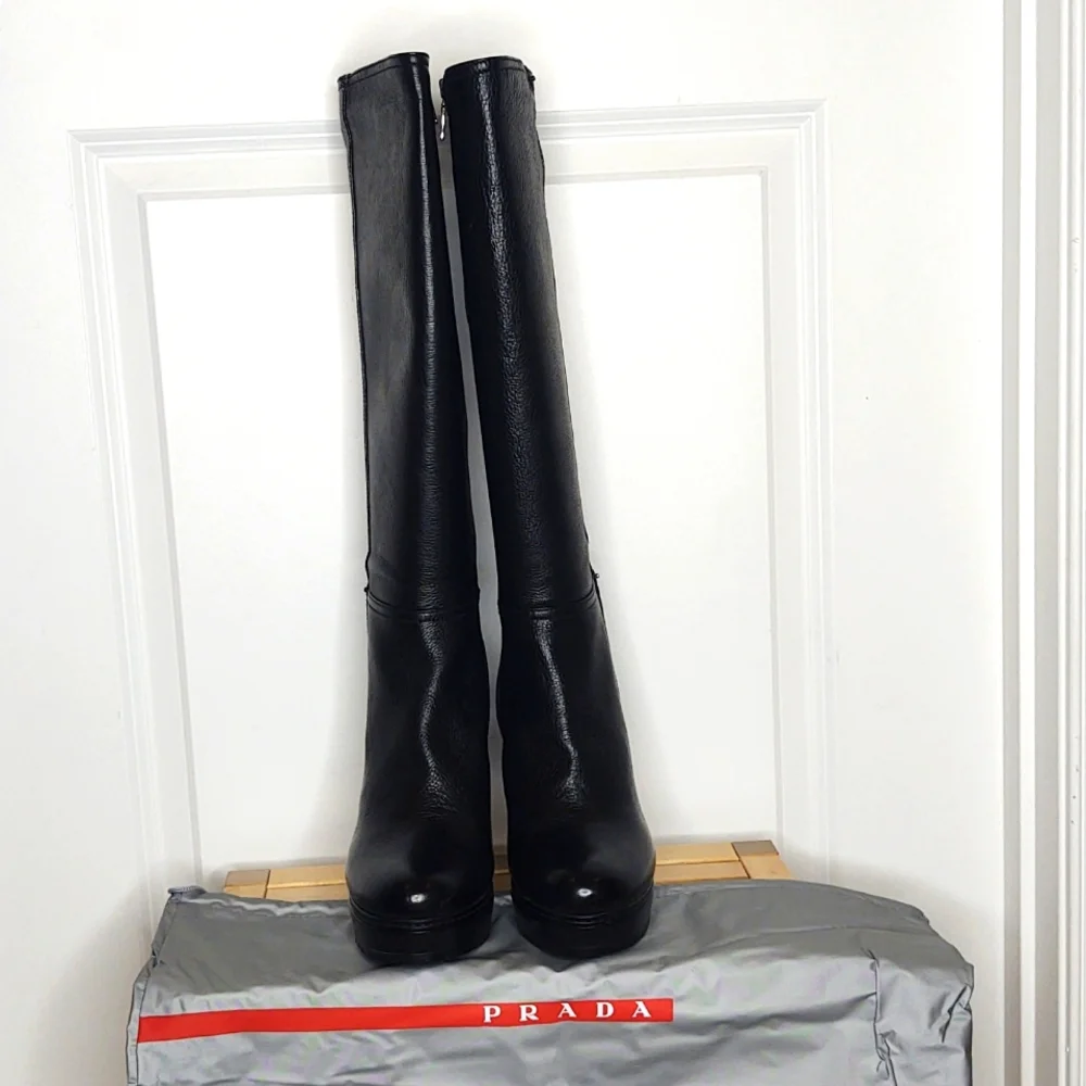 🖤♥️PRADA♥️🖤Lug Sole High Heel Black Deerskin Boot, size 41 (US 11), 🆕 - Picture 6 of 16